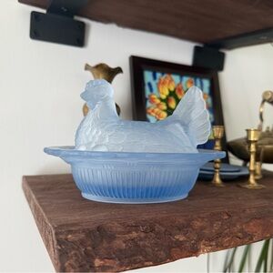 Vintage Blue Frosted Glass Hen on a Neat Dish